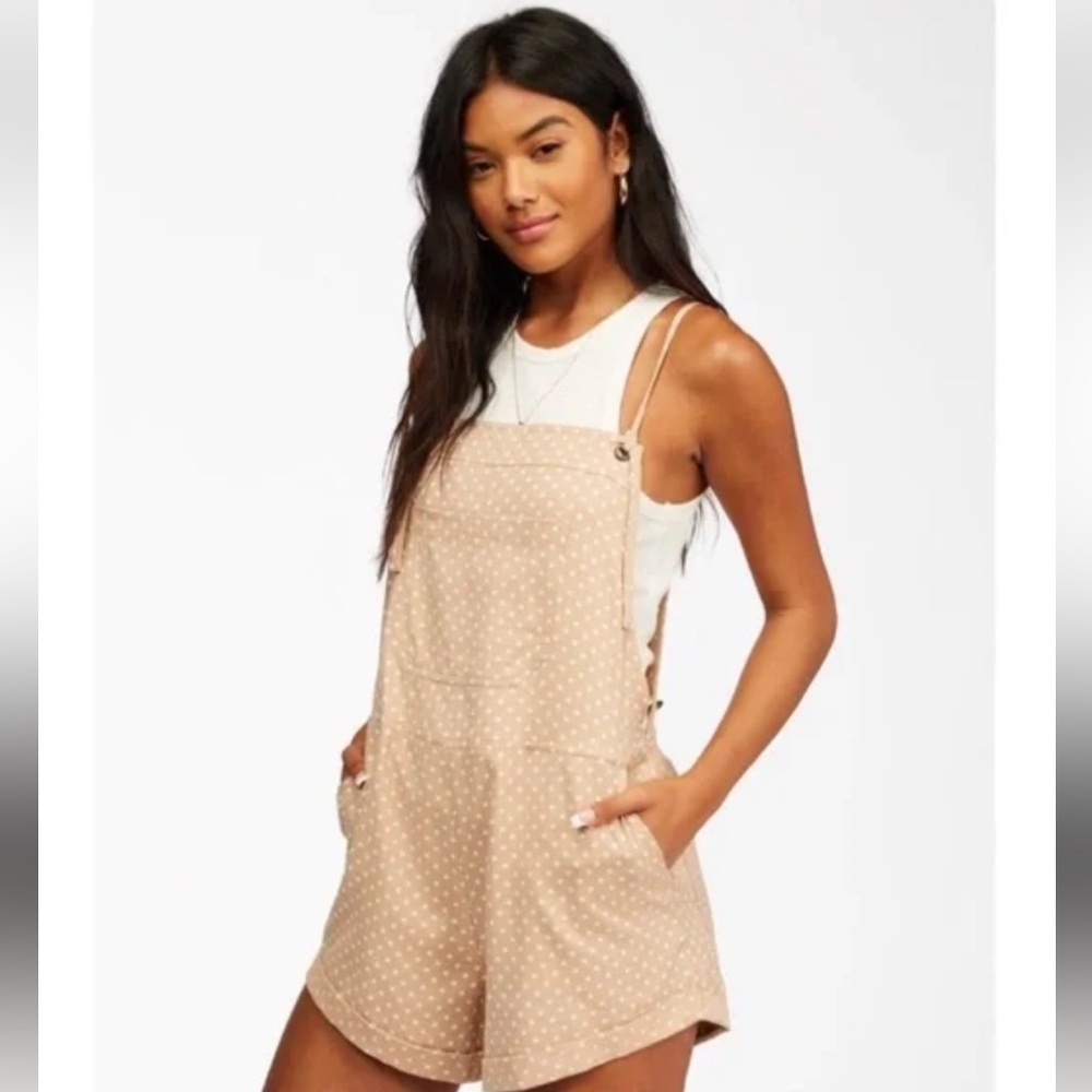 Billabong Tan and White Polka Dot Overalls